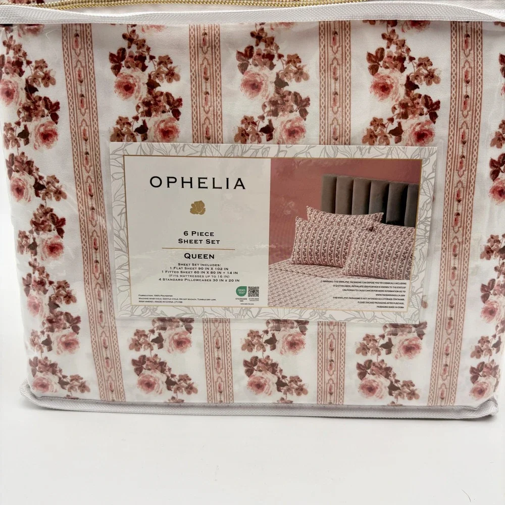 Ophelia Queen 6 Piece Sheet Set Floral Rose Stripe Pink Mauve Cottagecore NEW